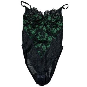 Vintage 80s Victoria's Secret Bodysuit Lingerie Teddy Green Lace Made in USA